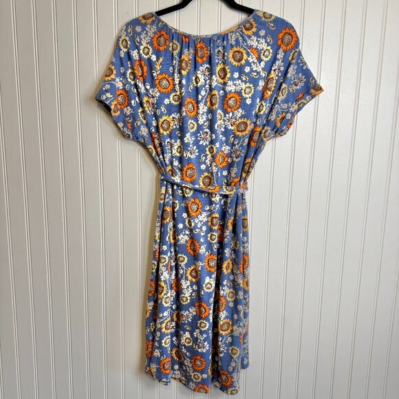 J. Jill Blue Floral Short Sleeve Tie Belt Knee Length Dress K9 - Picture 8 of 9
